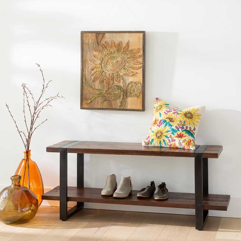 Reclaimed Wood and Metal Bench with Shelf